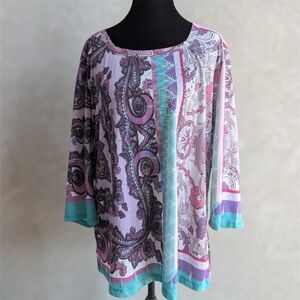 Women’s Size XL Knit Top Paisley Embellished Scoop Purple 3/4 Sleeve Kiara